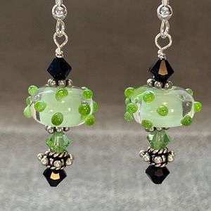 Lamp-work bumpy glass Earrings dangle Swarovski Crystal green black